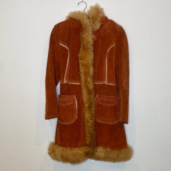 Vintage Rust Colored Suede Coat w/ Faux Fur Trim Snap Closure Sz